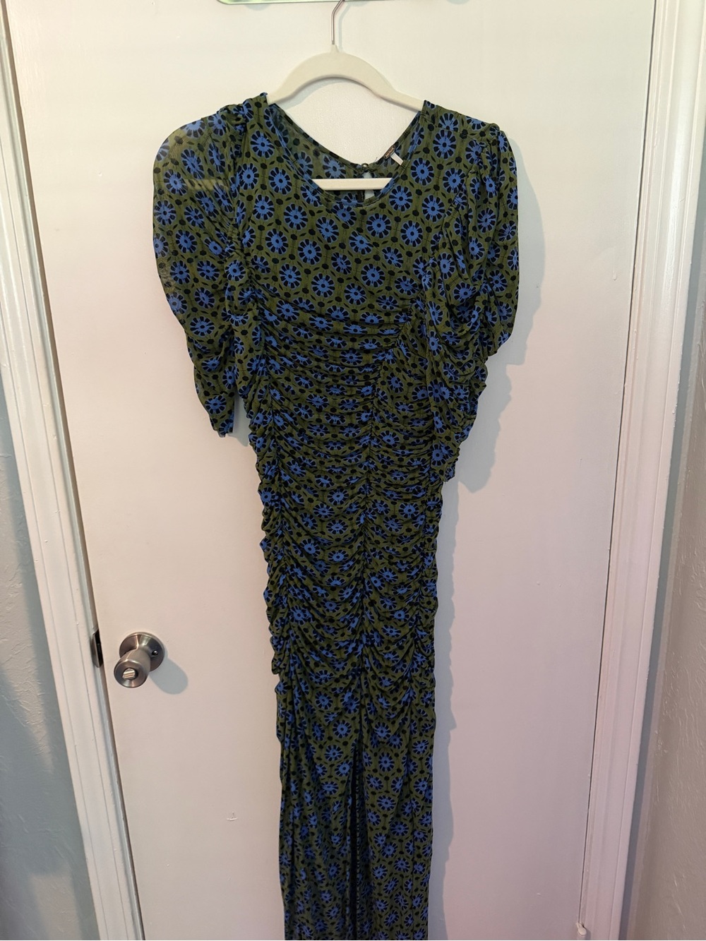Free People Olive and Blue Floral Ruched Maxi Dress